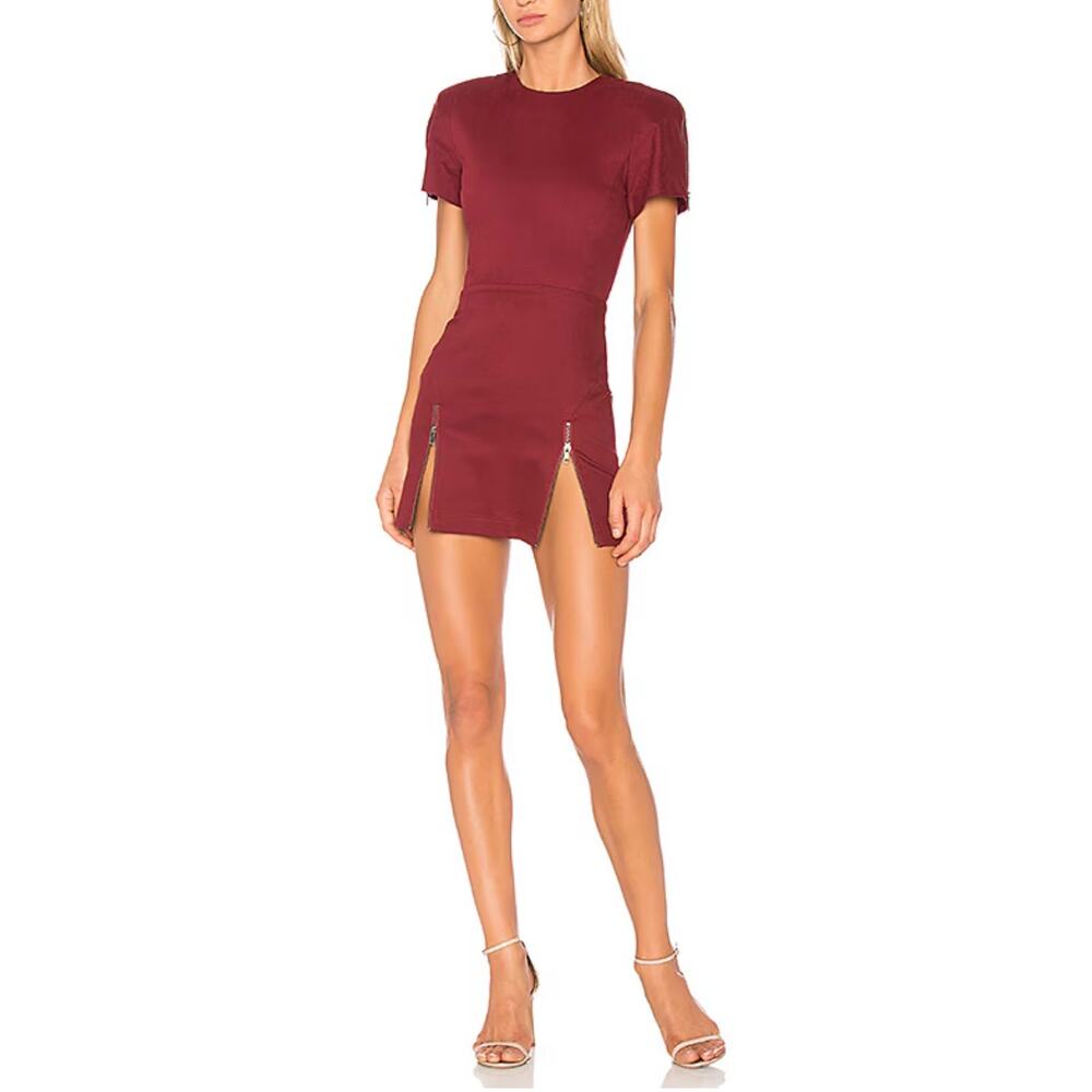 Vatanika High Slit Zip Mini Dress Womens 2 Burgundy Bodycon Stretch